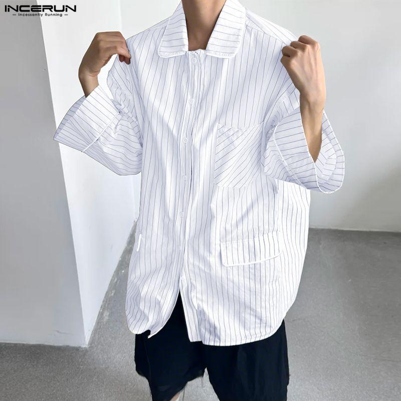 INCERUN Men Spring Lapel Neck 3/4 Sleeve Striped Shirts Casual Oversized Tops