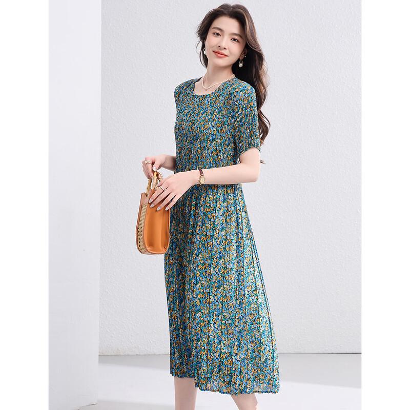 Outifu Women s Printed Short-Sleeve Pleated A-Line Dress M синий