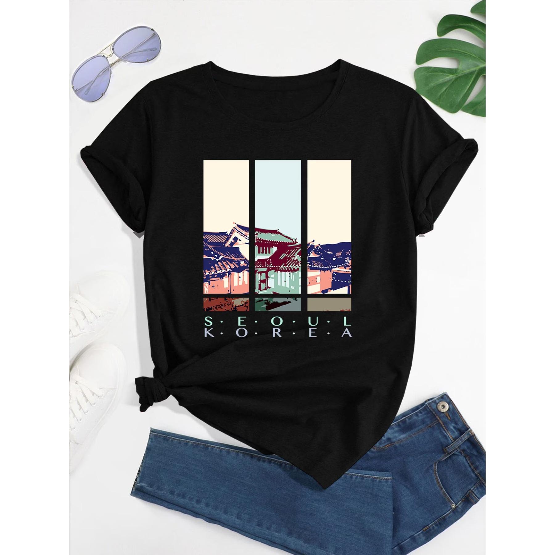 Women s Seoul Korea Graphic T-Shirt - Black with Pastel Korean Architecture Print, Crew Neck Casual Everyday Shirt for Travel & K-Drama Fans S чёрный