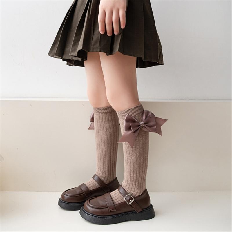 Girls Knee High Cotton Socks Big Ribbons Bow Back To School Socks, Ribbons Bows Long Socks Uniform Party Wear Stockings