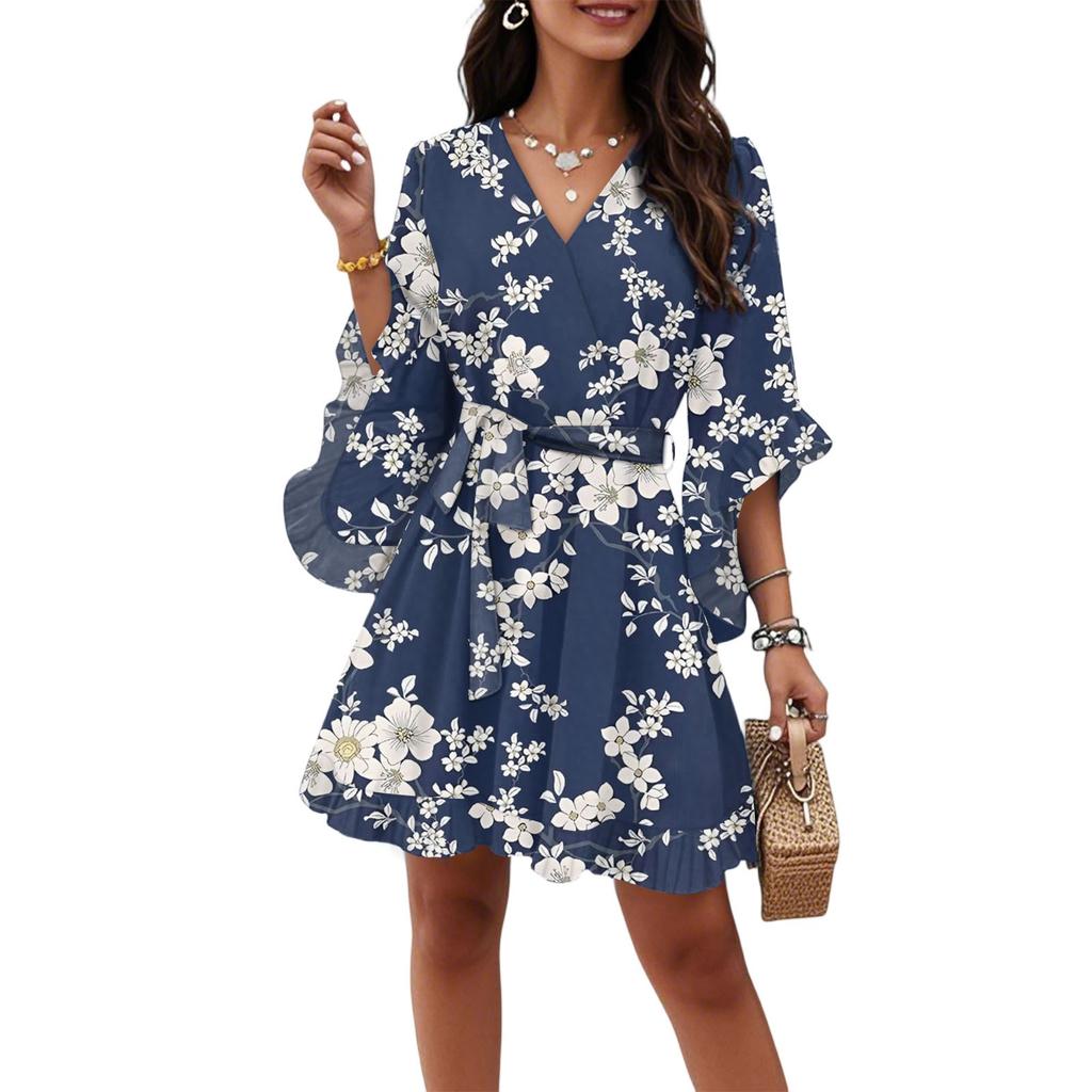 Damen Vintage Bedrucktes V-Ausschnitt Halbarm Korsettiertes Temperament Lässiges Kleid (Gürtel inklusive)