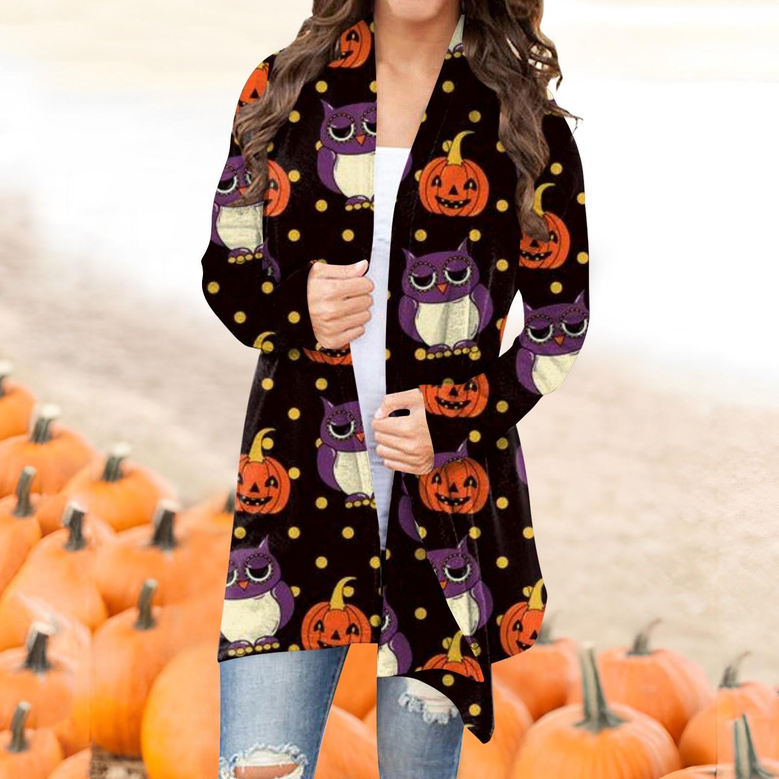 

Женская мода, повседневный кардиган с цветочным принтом на Хэллоуин, куртка средней длины, пальто M фиолетовый