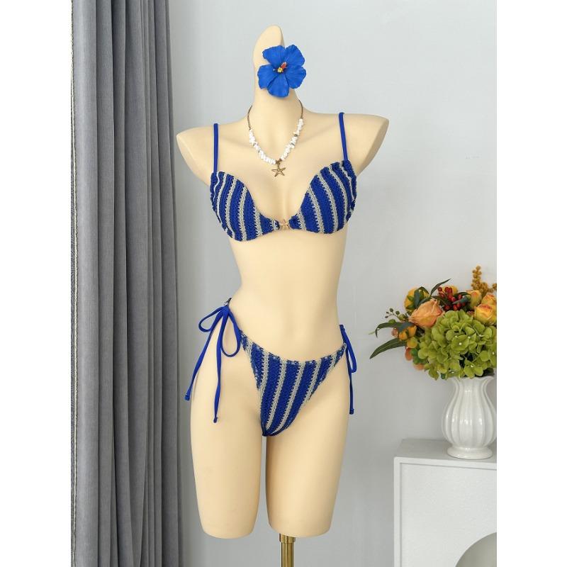 Women Sexy Striped Halter Lace Up Bandeau Two Piece Split Bikini Swimsuit