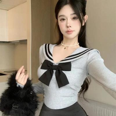 VAYLA Sailor Collar Short T-shirts Women Bow Striped Long Sleeve Irregular Slim Tops Spring Autumn Japanese Style Sweet Cute Fashion