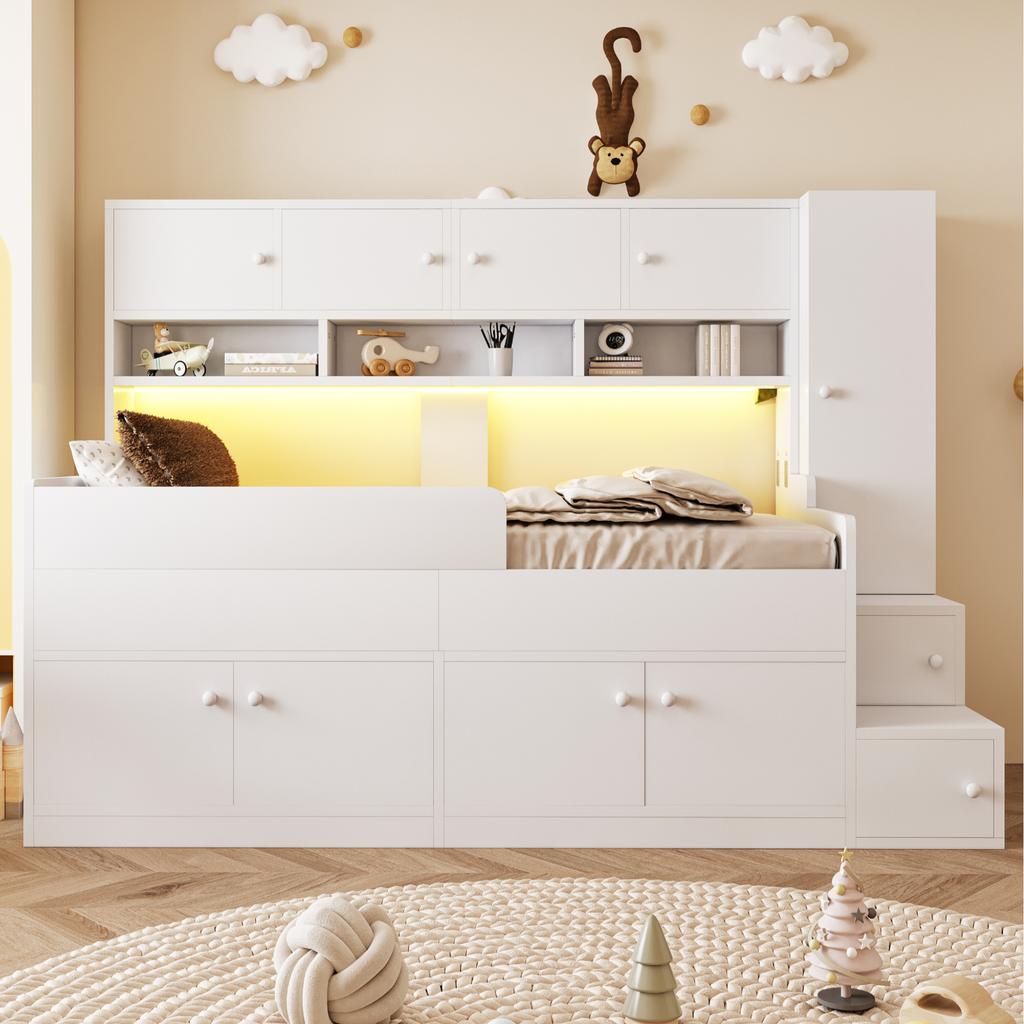 Wooden Children's Bed 90 × 200 cm, With Storage Space, Storage Compartments, Wardrobe and Climbing Ladder, With LED Lighting and Safety Railing, White