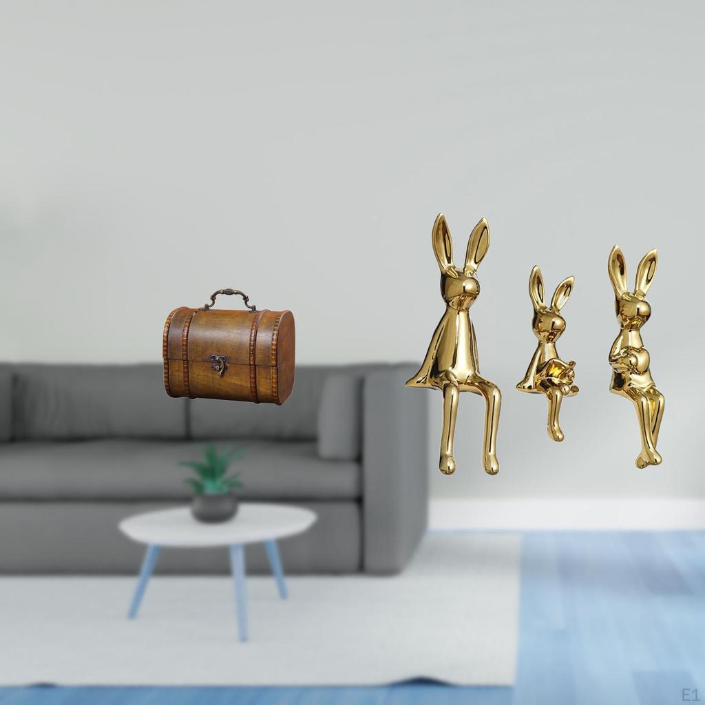 Vintage Wooden Jewelry Box Organizer with Bunny Family Figurine Statues Decorative Storage Chest for