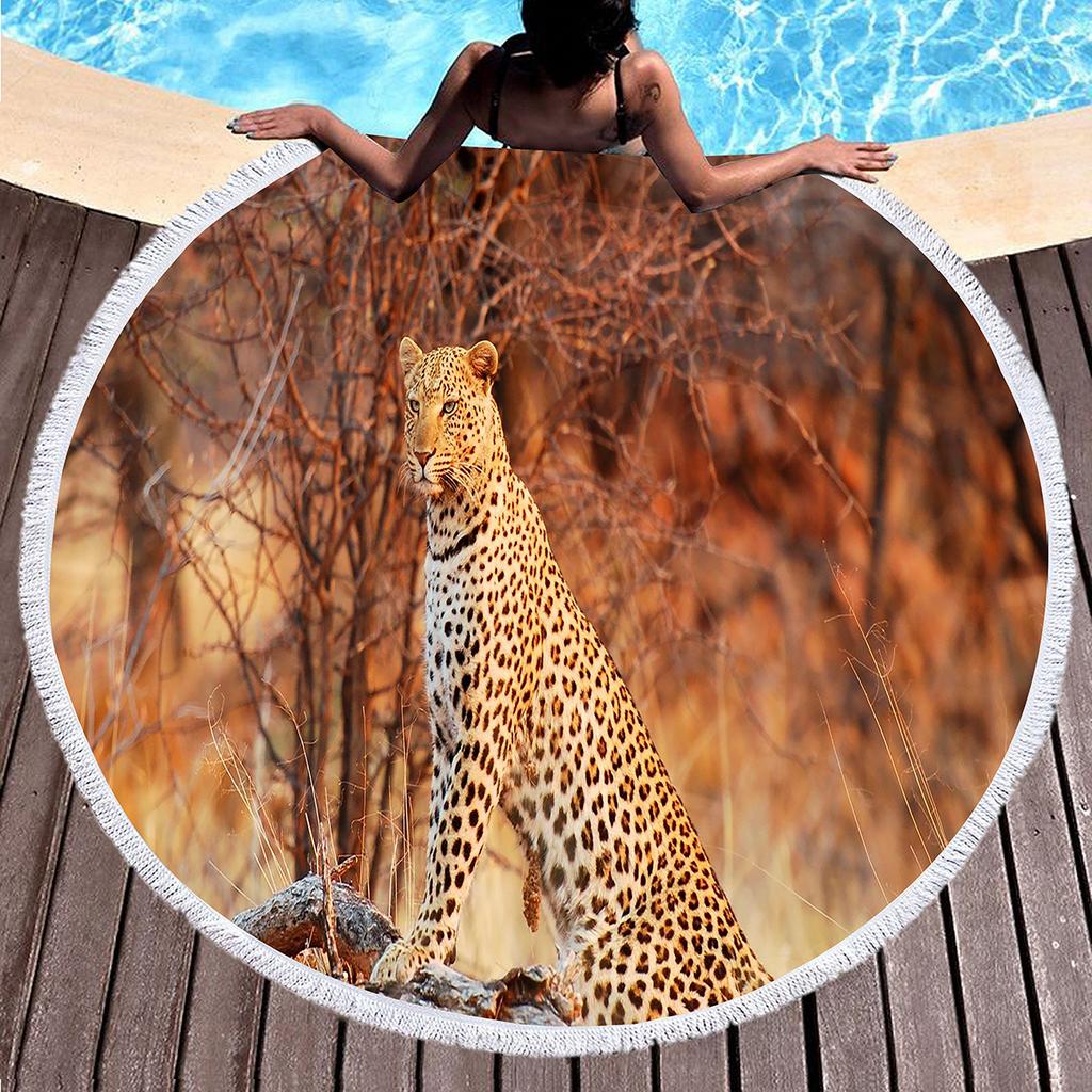Cheetah Round Beach Towel, Soft Absorbent Quick Dry Africa Tropical Wild Animal Themed Pool Towel, Portable Circle Picnic Mat
