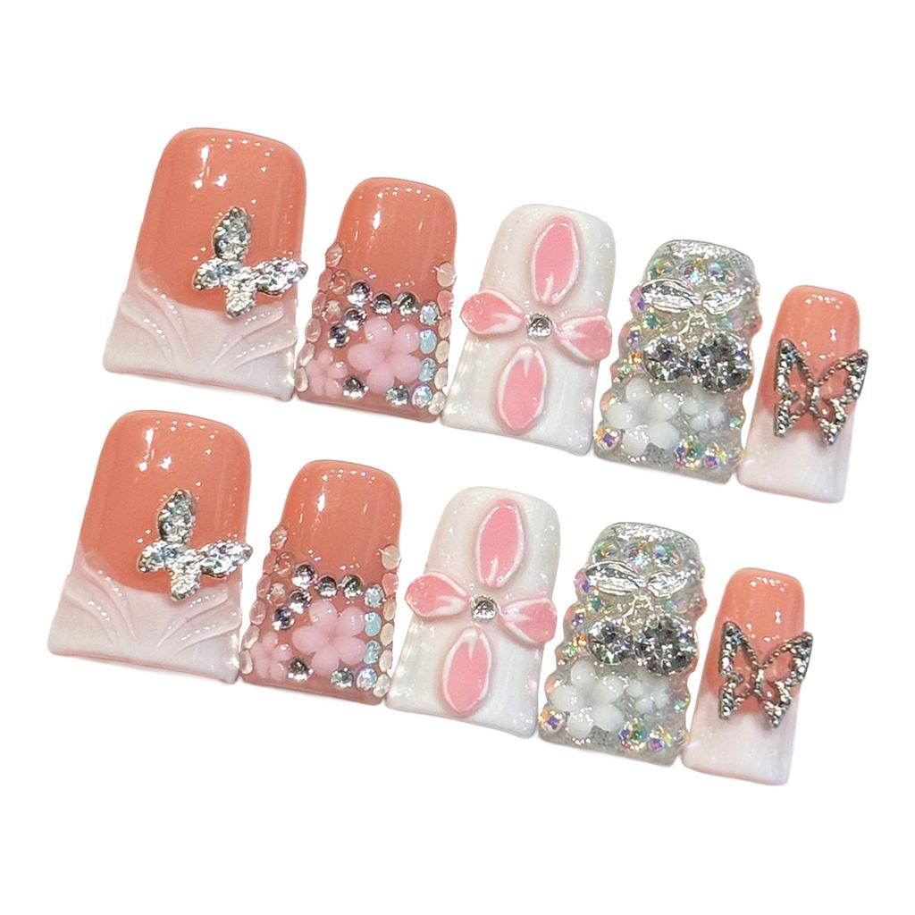 Short Duck Beak French Full Drill Butterfly Fake Nails 10 Pieces Resin Rhinestone Design