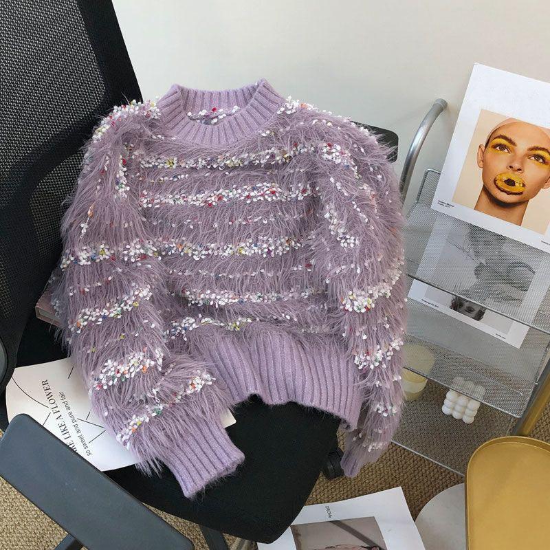 

Новый вязаный маленький ароматный стиль в горошек контрастный вязаный свитер мягкий липкий пуловер для женщин на осень one size фиолетовый