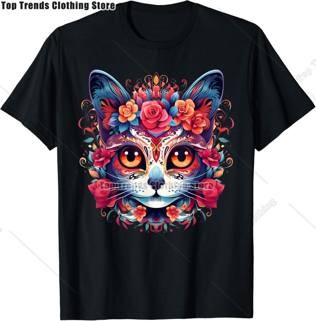 Cute Sugar Skull Cat Dia De Los Muertos Day of The Dead TShirt Mexican Summer Fashion Short Sleeved Tee TopsCasual Tshirt