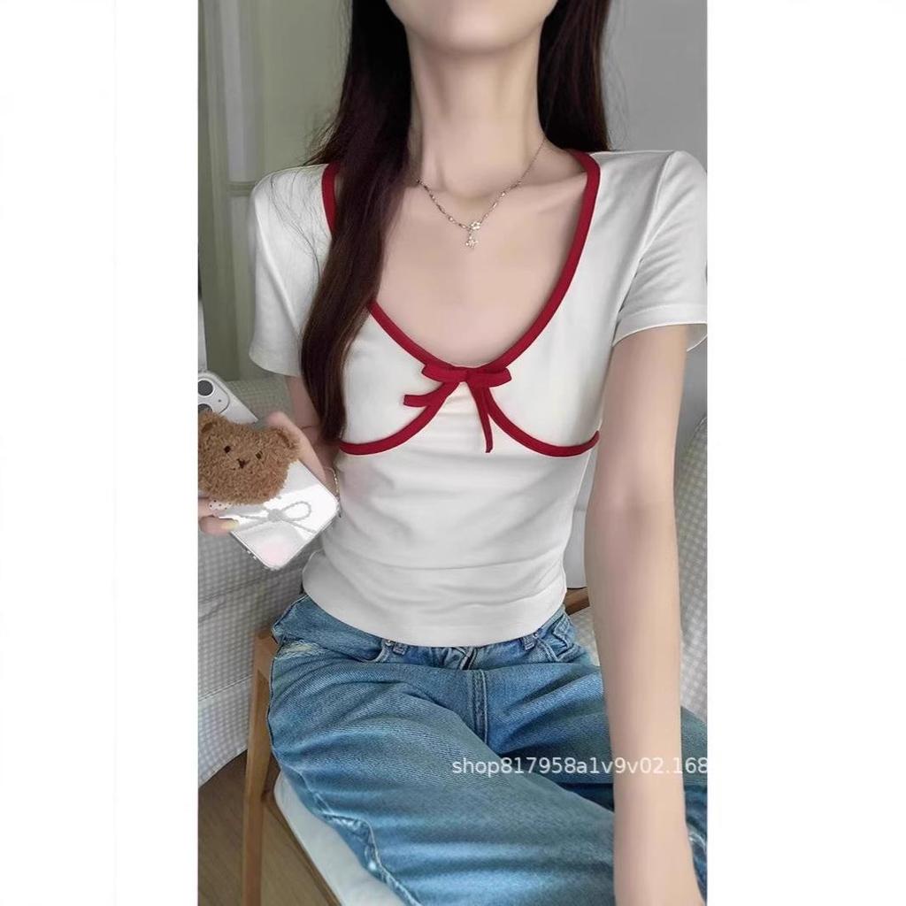 Koreanischer Stil Sommer 2025 Damen Schlankmachendes Kurzarm Schleife Farbblock V-Ausschnitt Top