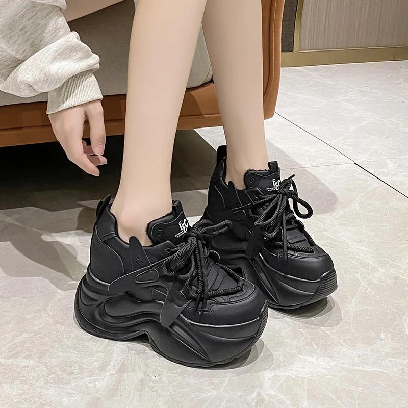 Fashion Autumn Winter Warm Chunky Sneakers Women Lace Up Platform Sports Shoes Woman Thick Bottom High Heels Female 10CM Wedges Sneakers