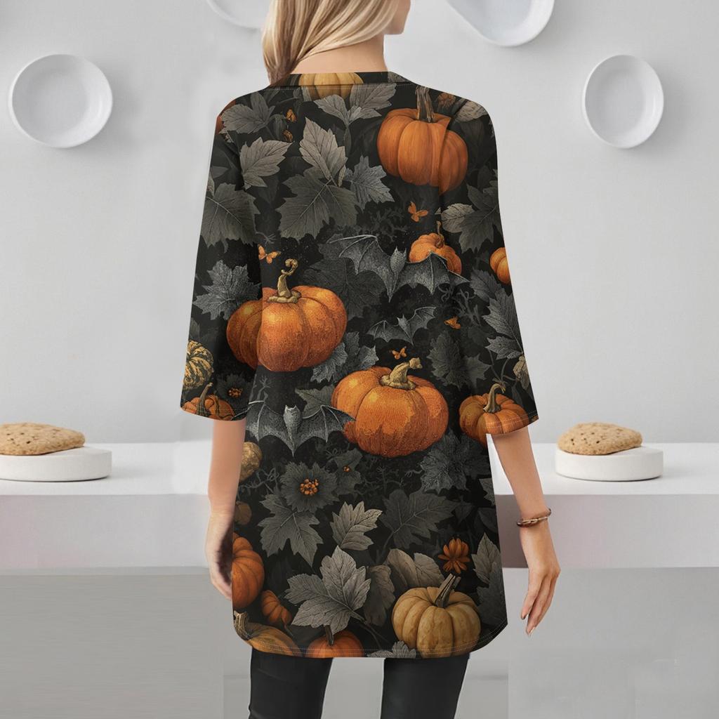 Womens's Fashion Casual Halloween Print V-neck Mid Length Pocket 3/4 Sleeve Top
