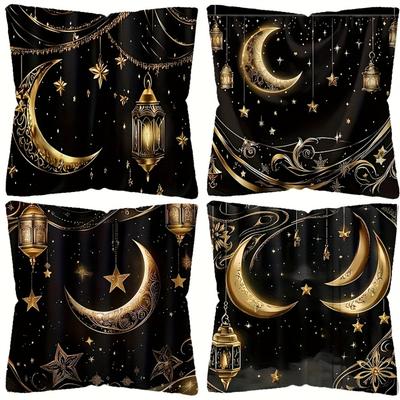 Ramadan Kissenbezüge Mond Sichel Sterne Laterne Bedruckt Quadratisch Reißverschluss für Wohnzimmer Festival Dekorationen