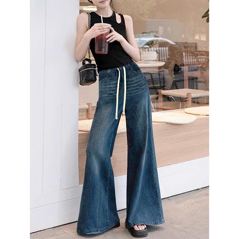 Korean Style Maternity High-Waisted Drawstring Micro Flare Jeans - Versatile Fashion Straight-Leg Pants 2026. M