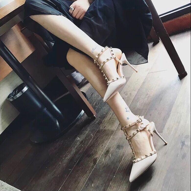 Celebrity Style Sexy Fashion Stiletto High Heels Spring 2025 Rivet Pointed Sandals Women's One-word Buckle Strap Single Shoes
