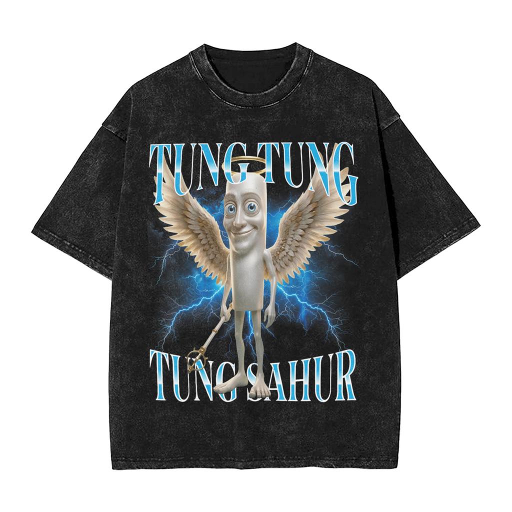 Vintage Washed Tshirt Tung Tung Tung Sahur Sybau Funny Meme Cotton T Shirts Popular Tee Shirt Couple Summer Awesome Design Tees