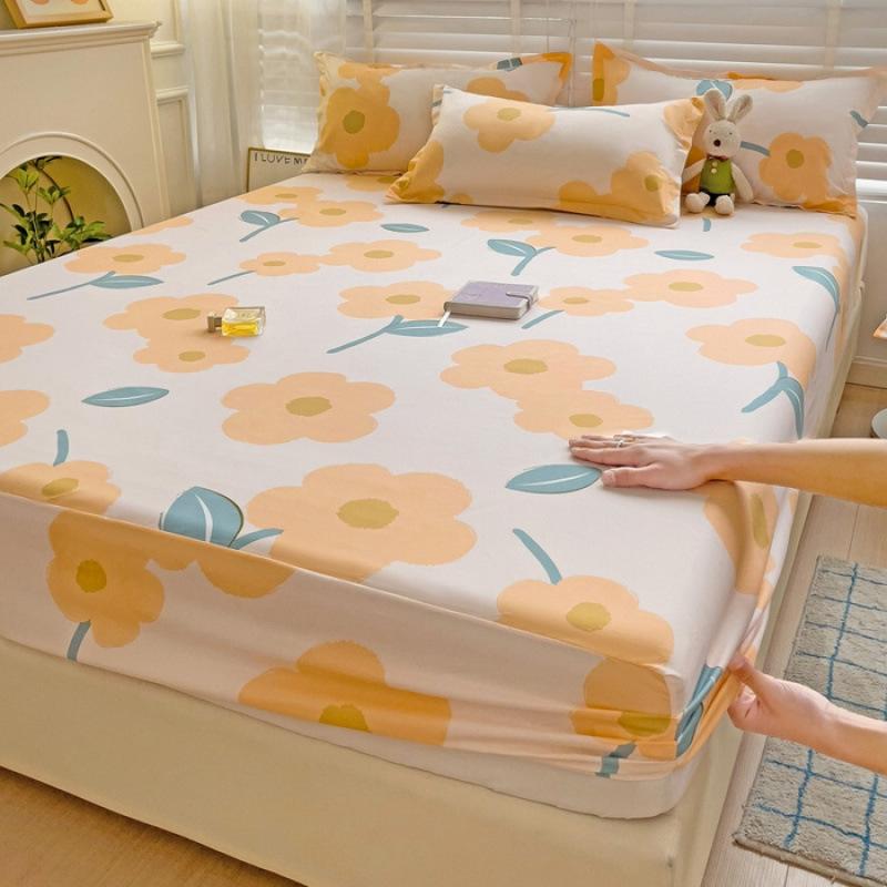 New Printed Skin-friendly Aloe Vera Cotton Washed Cotton Fitted Sheet Mattress Protector Bag Bed Cover 120x200cm + 25cm Single Bed Hat