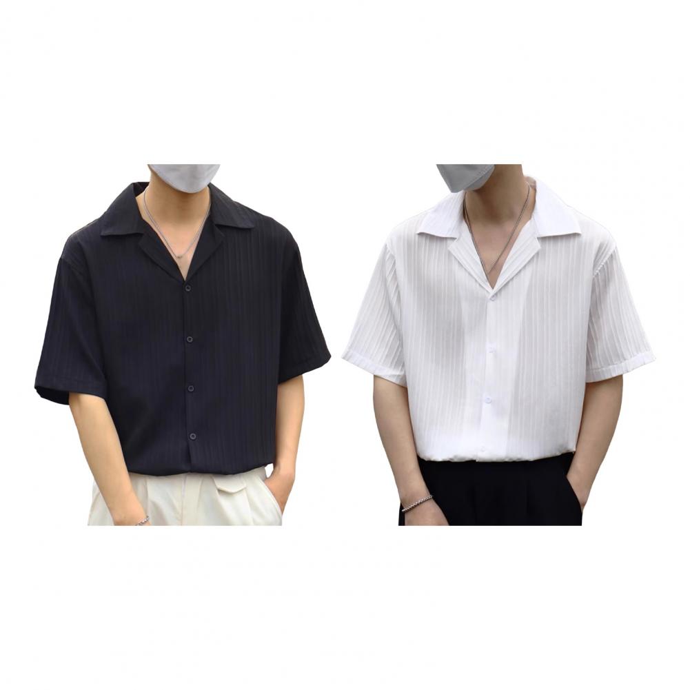 Spring Men Shirt Turn-down Collar Striped V Neck Loose Single-breasted Solid Color Baggy Loose Soft Breathable Short Sleeves Mal