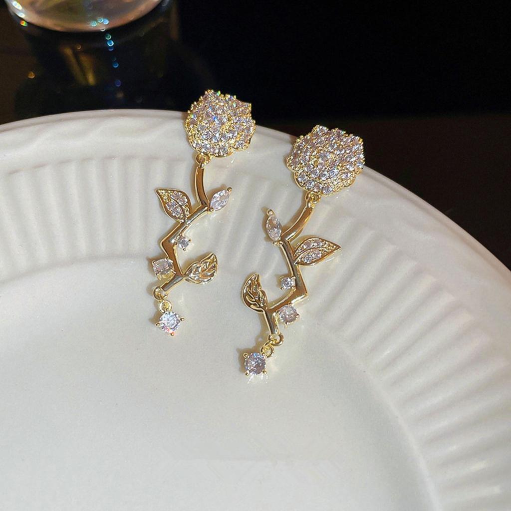 Rose Flower Drop Earrings for Women Sparkly Leaf Dangle Earrings Elegant Wedding Party Jewelry Gift