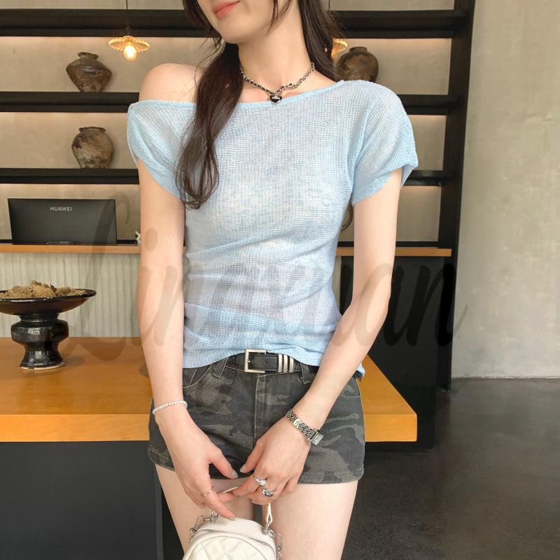 

Unique French Apricot One-Shoulder Short-Sleeve Women’s T-Shirt - Summer 2026 Edition L синий