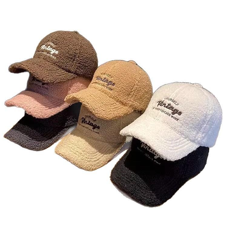 Lamb Fur Baseball Cap In Autumn and Winter Warmth and Windproof Letter Embroidery Solid Color Fashionable and Versatile Plush Baseball Cap