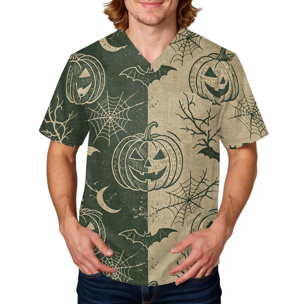 Herren Halloween Print Medizinische Kasack-Oberteil V-Ausschnitt mit Bindeband Taschen Bequeme Passform Tägliche Arbeitskleidung für medizinisches Fachpersonal