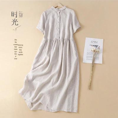 2025 Summer Women's Loose Fit Cotton Linen Mid-Length Shirt Dress