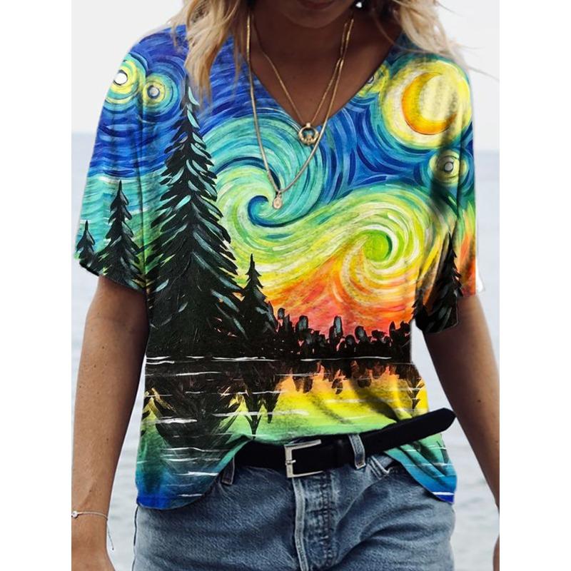 Summer V-neck 3D Cat Flower Colorful Printed Top Fashionable Casual Short Sleeved Women's T-shirts