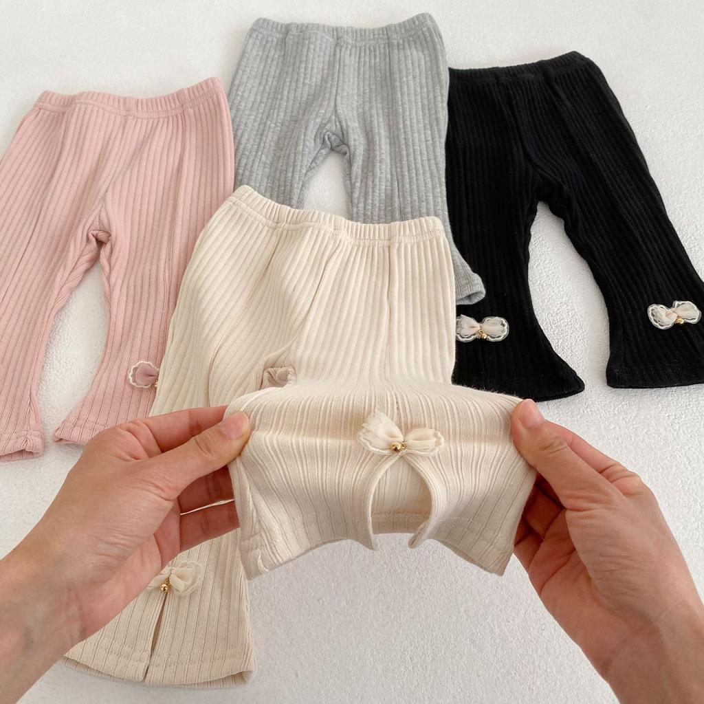 Girls High Waist Ribbed Stretch Flare Pants with Slit and Bow Detail
