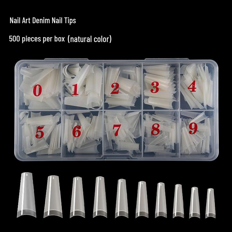 Denim French Flat Head False Nails, Natural Color, 500-Piece Set in Transparent Box