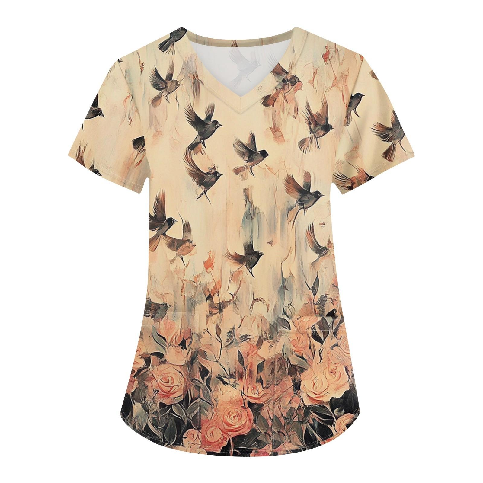 

Женская мода с v-образным вырезом, короткими рукавами и карманами, топы с принтом L бежевый