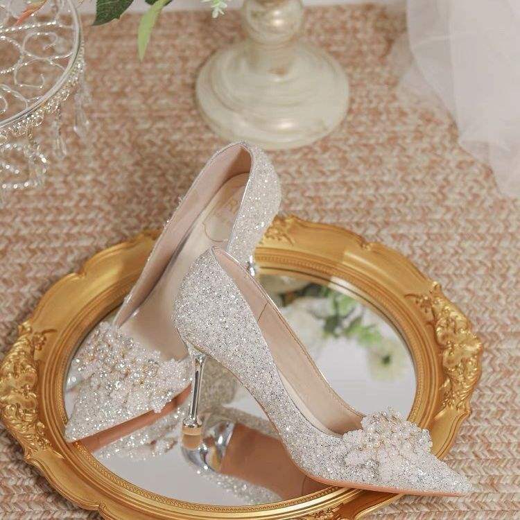 Silver wedding shoes bride shoes 2025 new high heels women's thin heels Xiuhe two wear main wedding dress crystal shoes sequined diamonds