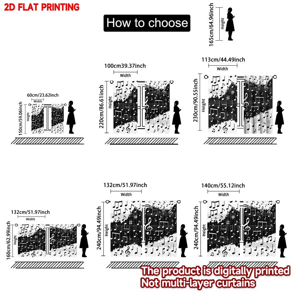 2D Flat Printing 2pcs Scene Curtains Musical Notes Symphony Digital Printed Polyester Drapes Family Party Decoration for Indoor