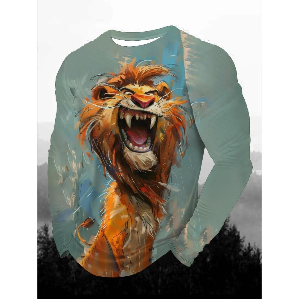 Funny Animal Design Retro Men 3D Printing Street Casual Daily Gray Long Sleeved Round Neck Shirt Spring And Autumn Clothing