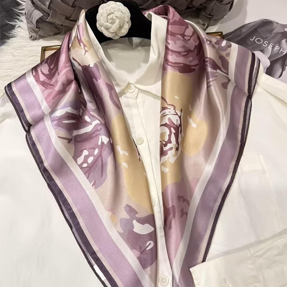Light  Purple Women'S 100% Mulberry Silk Scarf Neckerchief Spring Fall New Luxury Floral Design Satin Squaresilk Scarves 65*65Cm
