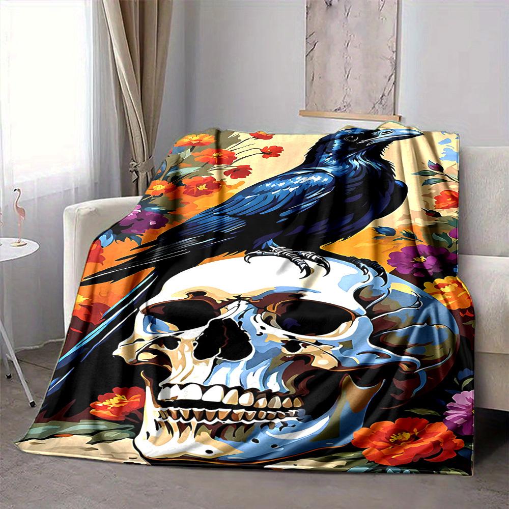 1pc Skull Raven Lightweight Flannel Blanket, Comfortable and Warm Blanket, for Office and Camping Sofa Bed, Livingroom132
