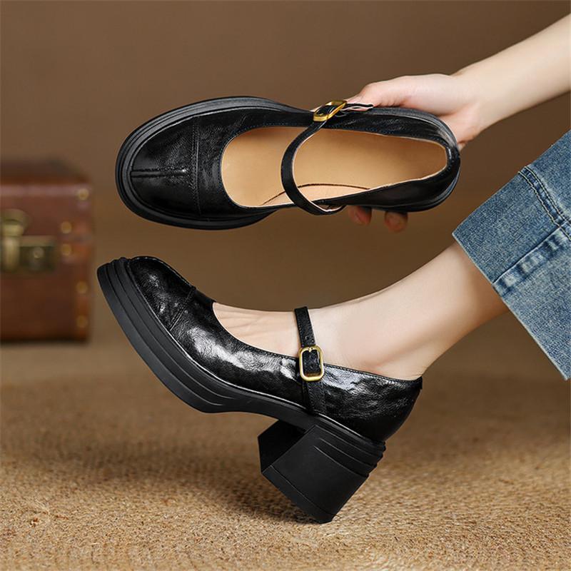 Fashion New Spring/summer Genuine Leather Mary Jane Shoes for Women Fashion Platform Shoes Women Chunky Heels Round Toe Women Pumps