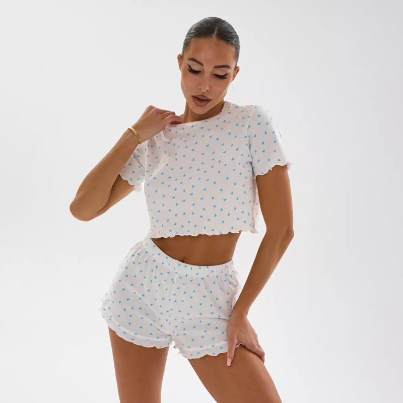 

European and American Style Women’s Summer Pajama Set Heart Print Short Sleeve Top and Shorts Casual Two-Piece Loungewear XL синій