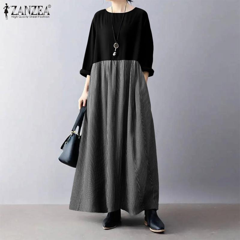 ZANZEA Women Casual Round Neck 3/4 Sleeve Loose Stripe Patchwork Long Dress