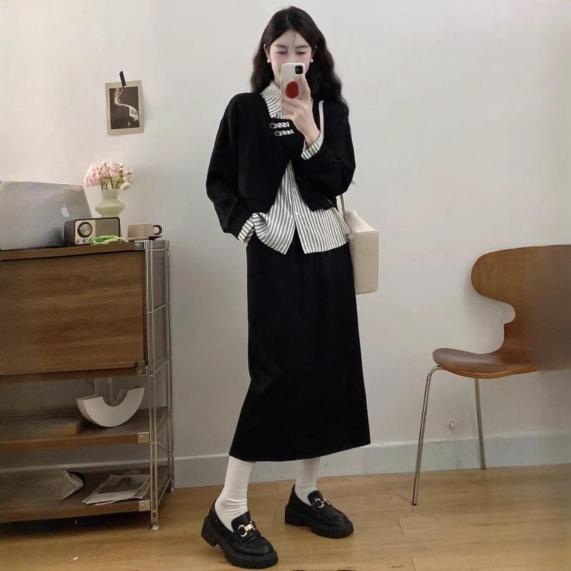 2025 Plus Size Autumn Fashion: Two-Piece Set with Spliced Shirt & Midi Skirt