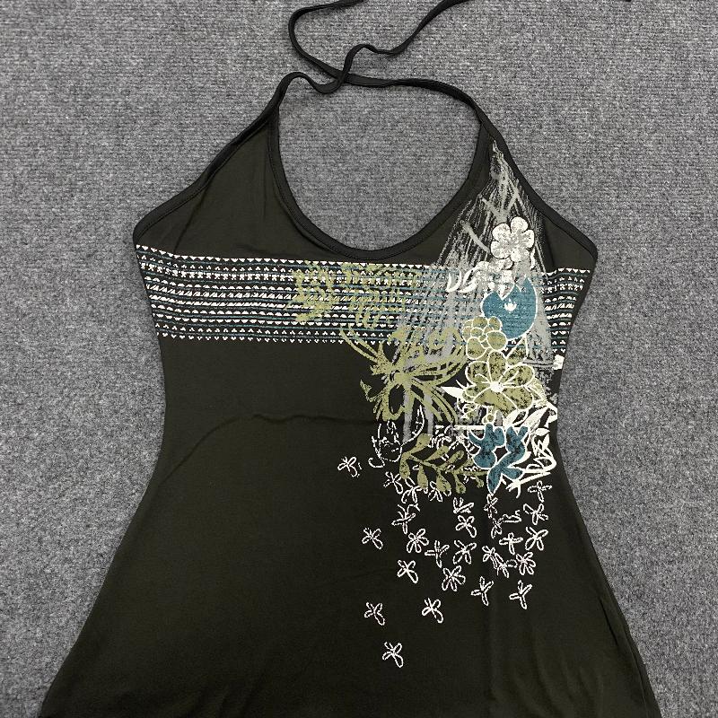 

Европейский и американский узор Y2K напечатанный подтяжки свисающий воротник сексуальный уличный жилет L чёрный