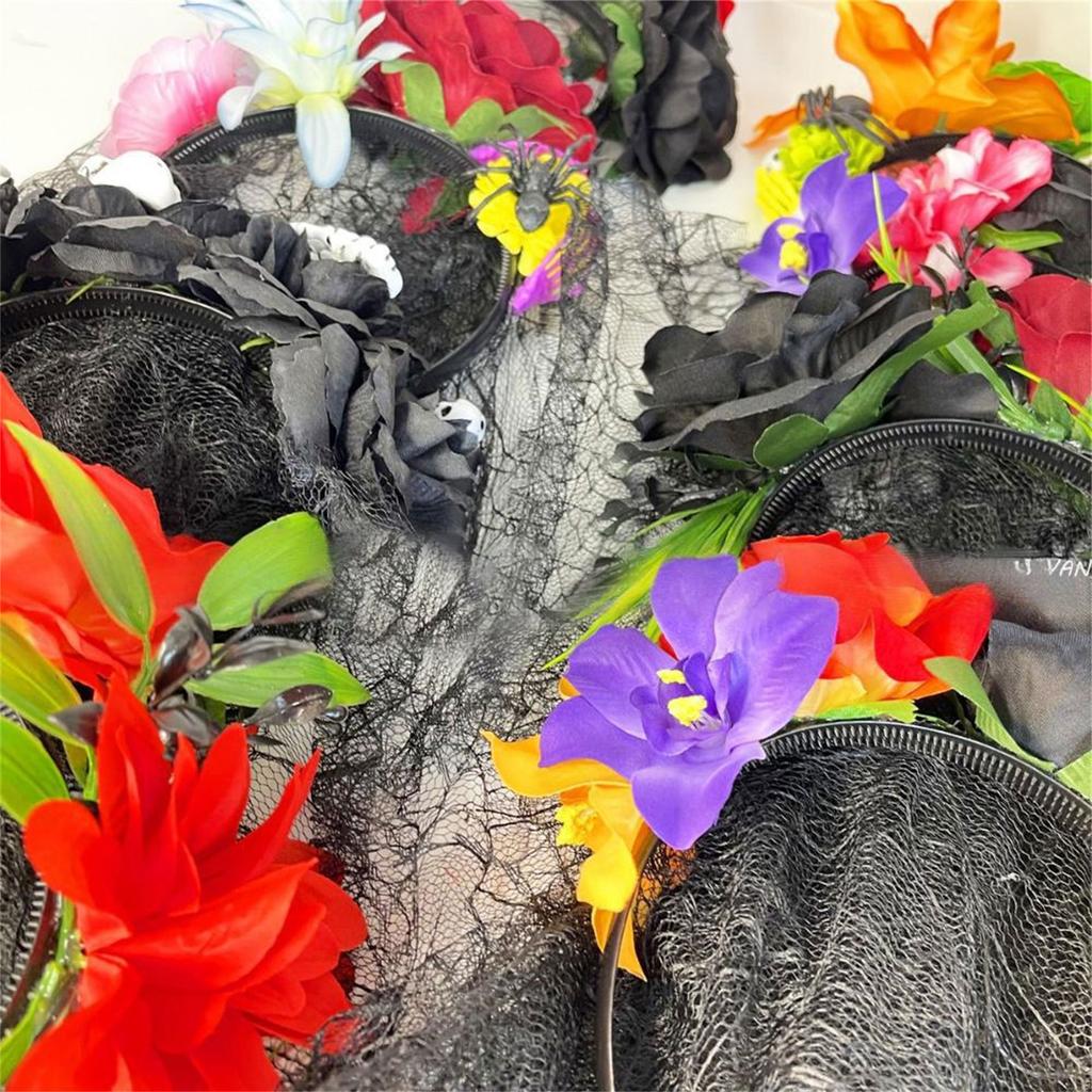 Skull Skeleton Hand Veil Headpiece with Dark Series Flower For Halloween Costume And Themed Photoshoots Wear