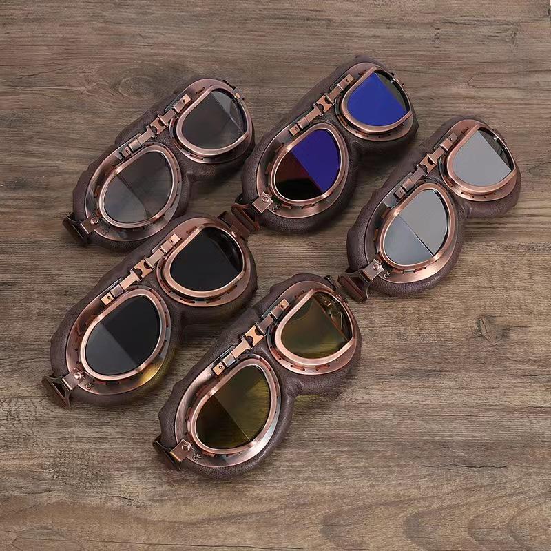 Retro Silver Frame Harley Motorcycle Goggles - Foldable Windproof Antique Bronze Design for Karting