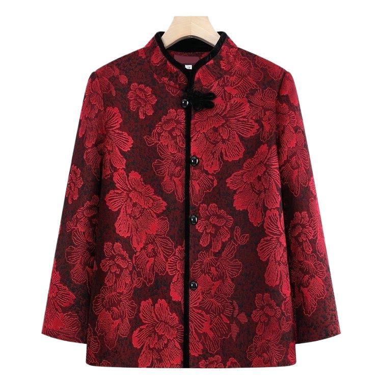Schlankmachendes Woll-Oberteil im chinesischen Stil für ältere Menschen mit Jacquard-Blumen und Stehkragen