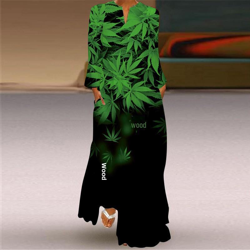 

Осень 2024 года европейское и американское сексуальное макси-платье с V-образным вырезом и длинными рукавами с принтом 5XL