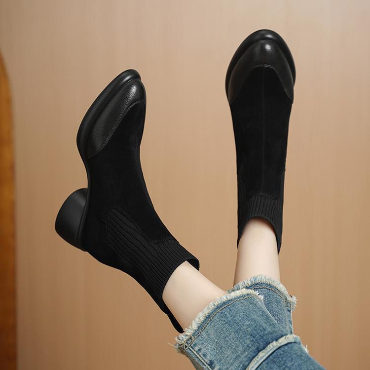 British retro leather Martin boots women's 2025 autumn and winter new thin boots thick heel thin pointed knitted short boots