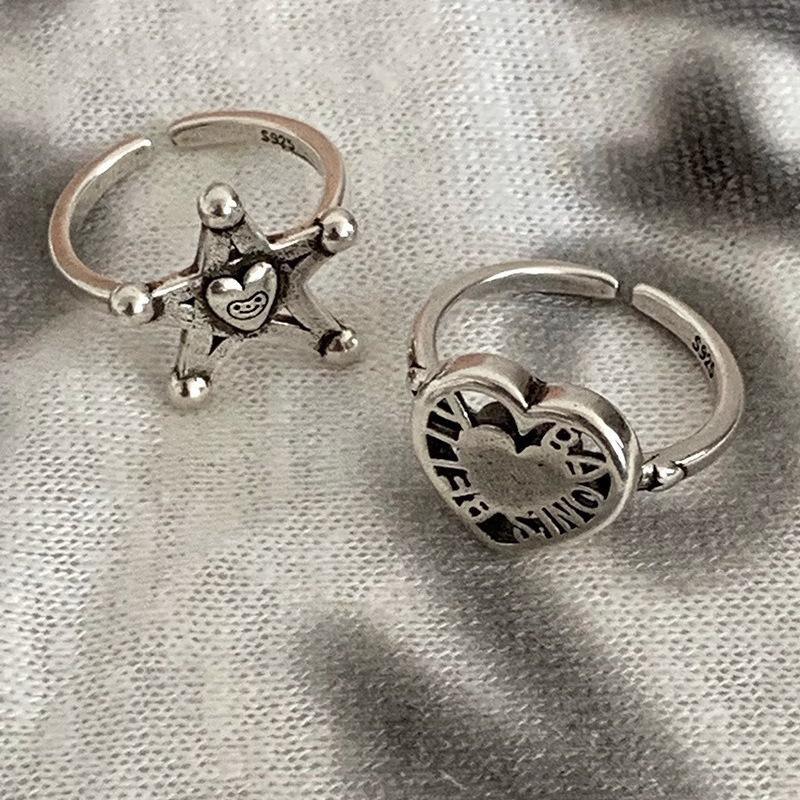 Vintage Herz Pentagramm Offener Ring für Damen Süß Kühl Alt Gemacht Hohl Liebesstern Persönlichkeit Fingerzubehör Mode Schmuck
