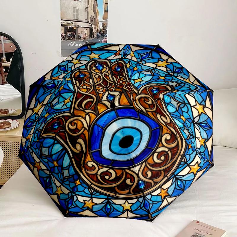 Stained Glass Hamsa Design Umbrella 8-Frame for Travel, Camping, Casual Lightweight Portable Umbrella, Essential for Every Family Holidays Gift