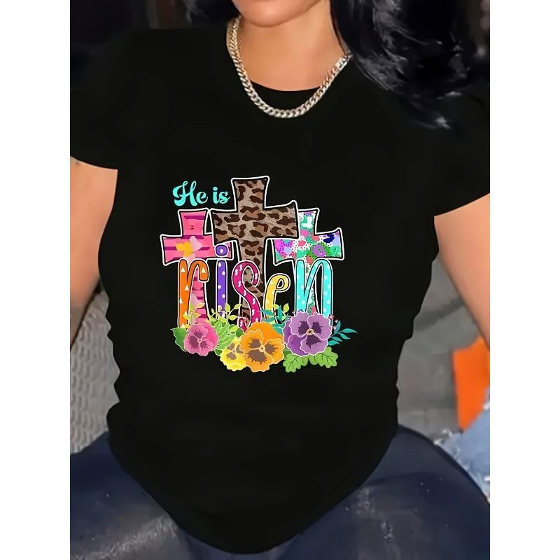 Women Plus Size Easter HE IS RISEN T-Shirt Leopard Cross Floral Print Crew Neck Short Sleeve Spring Summer Lightweight Casual Tee
